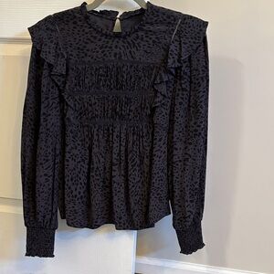 Rails Navy/Black Long-Sleeve Ruffle Detail Smocked Front Top